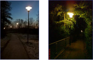 links -Beispiel einer optimalen Beleuchtung eines Fußweges in Norderstedt, alle 20 m eine Leuchte, rechts schlechte Ausleuchtung, hier alle 60 m eine Leuchte mit großen Dunkelzonen