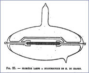 um 1844 - Changys erste Carbonlampe aus Retortenkohle (Quelle: www.gallica.BnF.fr - Figuier, Louis (1819-1894). Les nouvelles conquêtes de la science 1884)